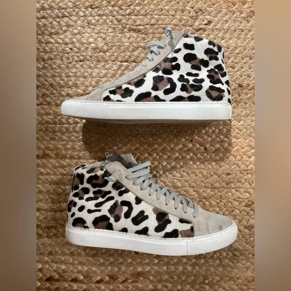 P448 You Can Surf Later Calf Hair Leopard Print Suede High Top Sneakers Size 39 - Picture 2 of 10